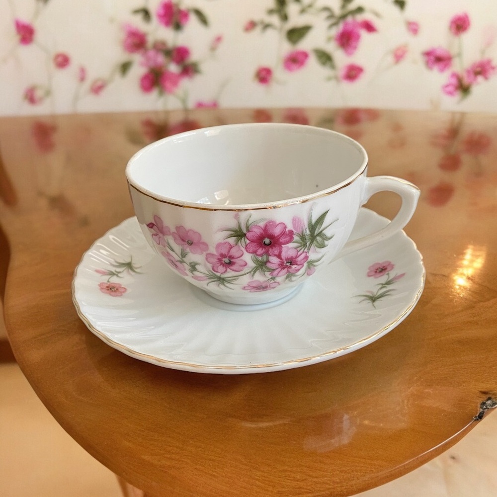 Antique Nippon Teacup and Saucer Hand Painted Pink Floral Gold Trim Fine China